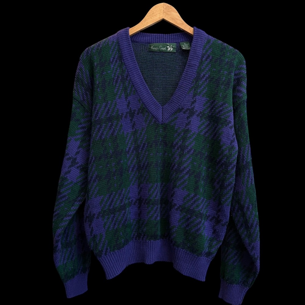 Vintage Kings Court Womens Purple Green Plaid V-Neck Knit 90's‎ S Sweater #76